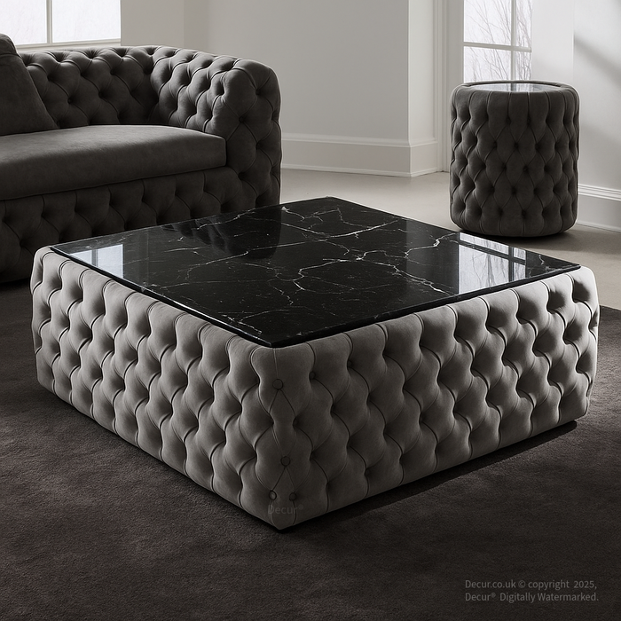 Marble Leather Buttoned Ottoman Coffee Table