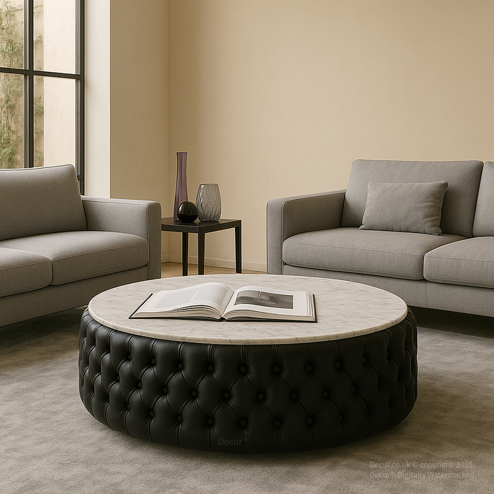 Round Marble Leather Buttoned Coffee Table