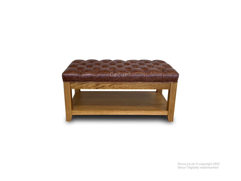 Upholstered Leather Oak Coffee Table Ottoman Footstool