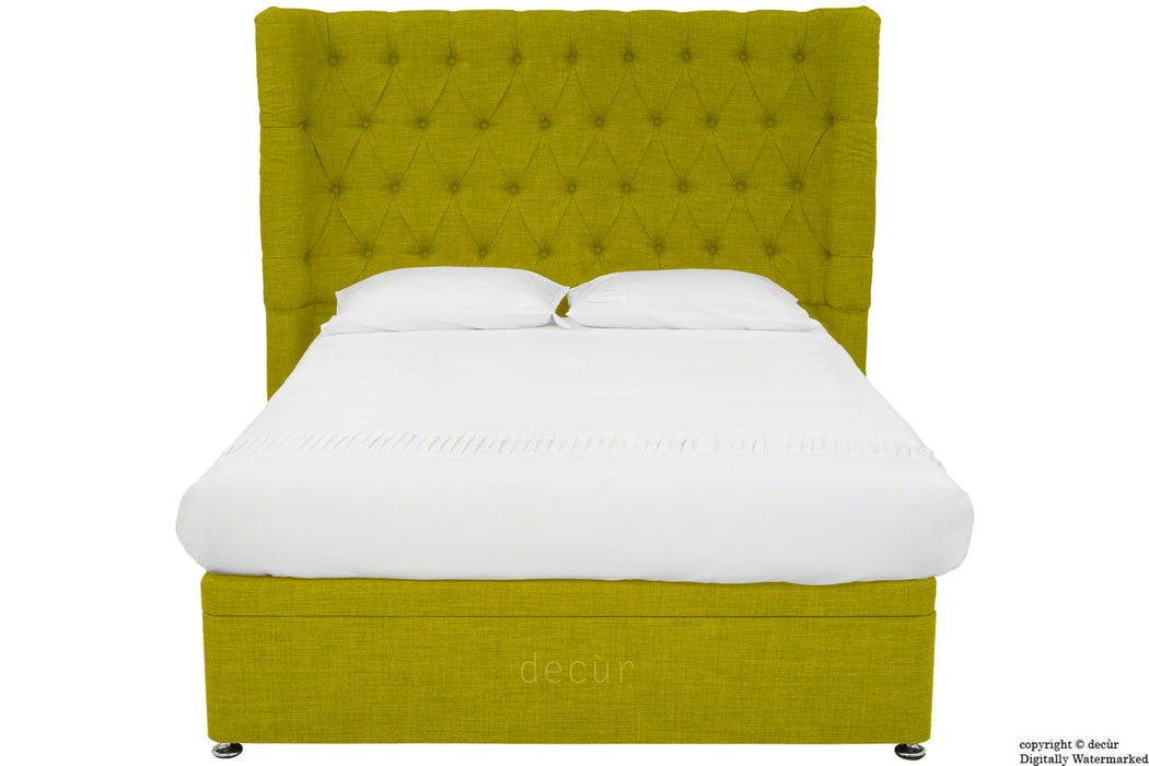 Hollyrood Linen Upholstered Winged Ottoman Bed - Olive