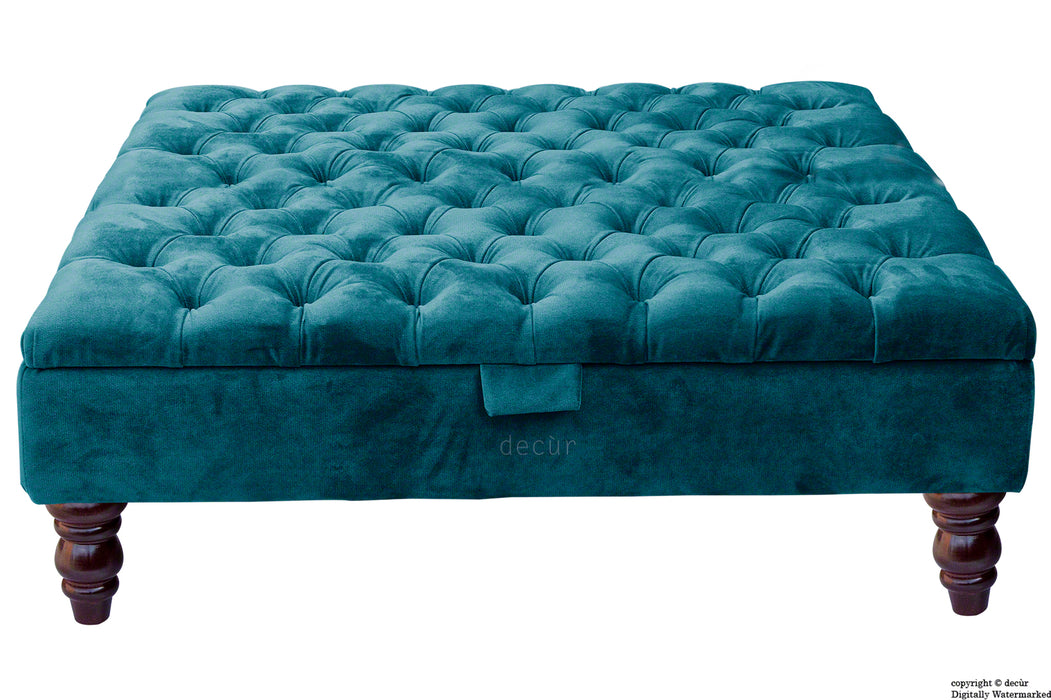 Tiffany Buttoned Velvet Footstool Large - Peacock with Optional Storage