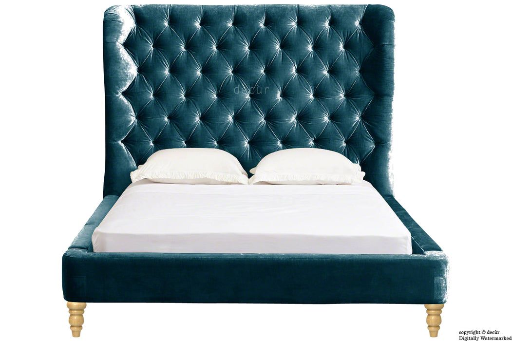 Knightsbridge Winged Velvet Upholstered Bed - Peacock