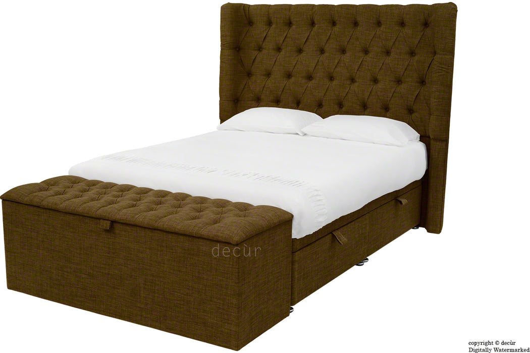 Hollyrood Linen Upholstered Winged Ottoman Bed - Brown
