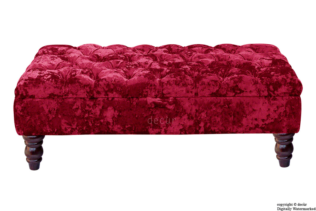 Tiffany Buttoned Crushed Velvet Footstool - Carmine with Optional Storage