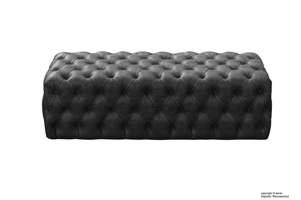 Oliver Buttoned Leather Ottoman - Black