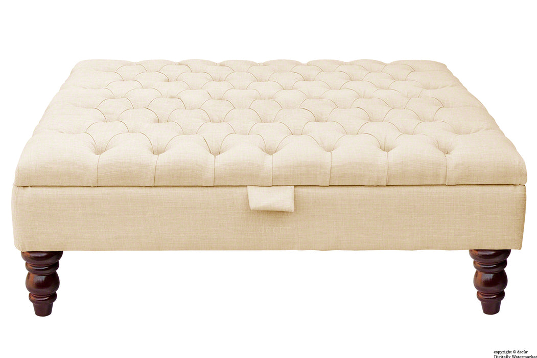 Tiffany Buttoned Linen Footstool Large - Pearl with Optional Storage