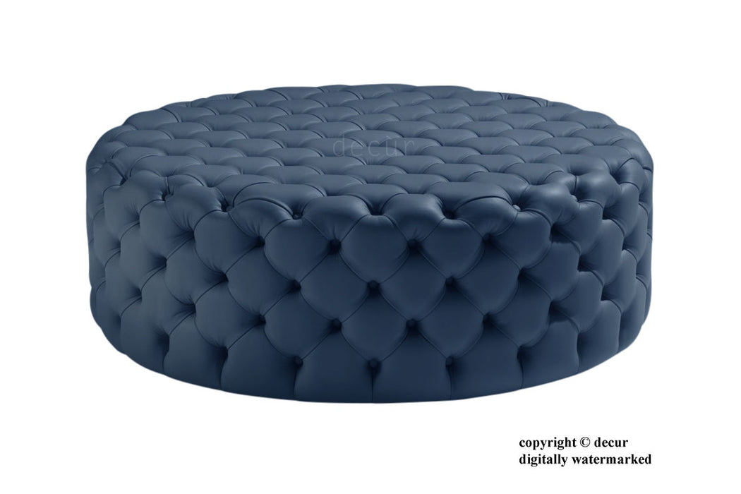 Round Leather Buttoned Ottoman / Footstool - Marine