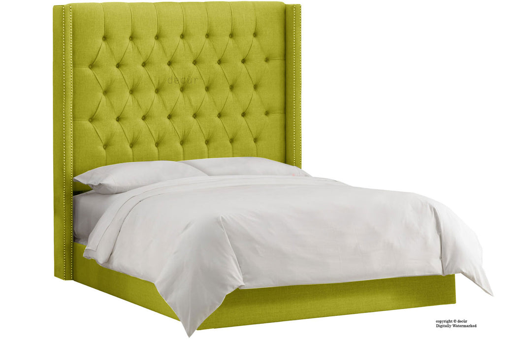 Balmoral Linen Upholstered Winged Bed - Olive