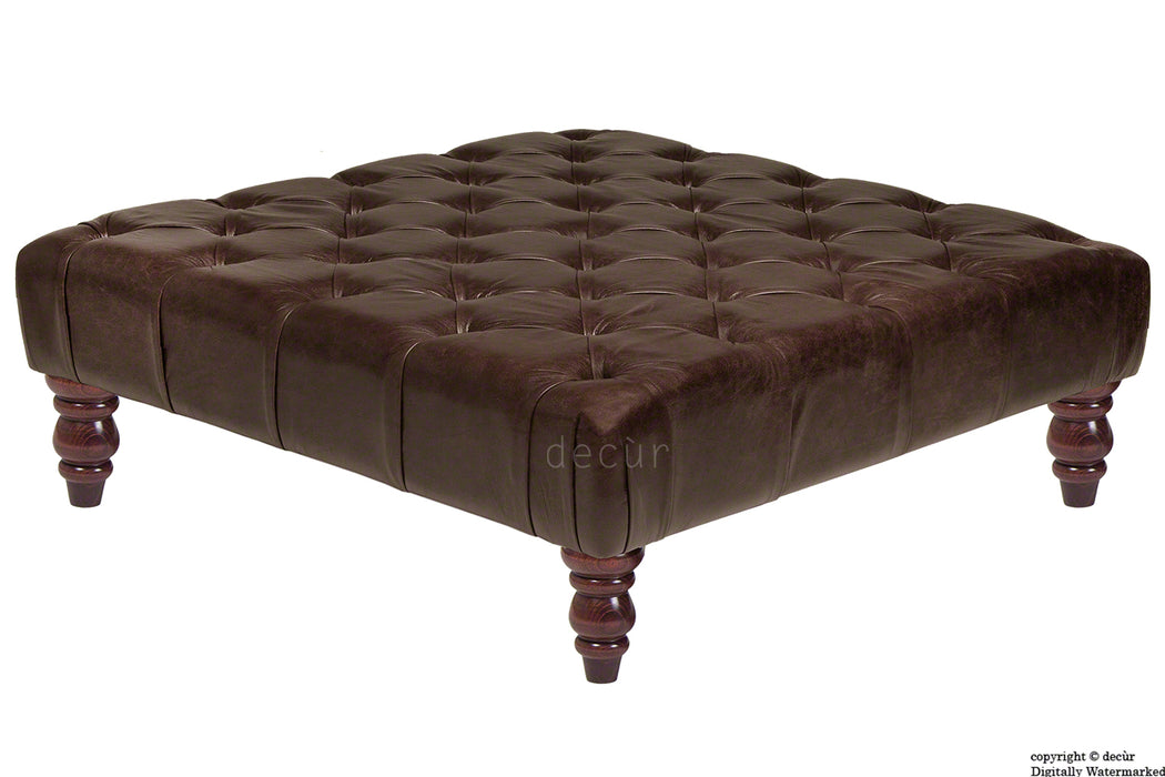 Cecil Buttoned Leather Footstool - Dark Brown