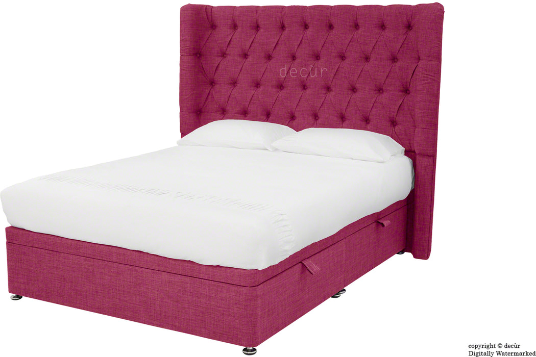 Hollyrood Linen Upholstered Winged Ottoman Bed - Fuchsia