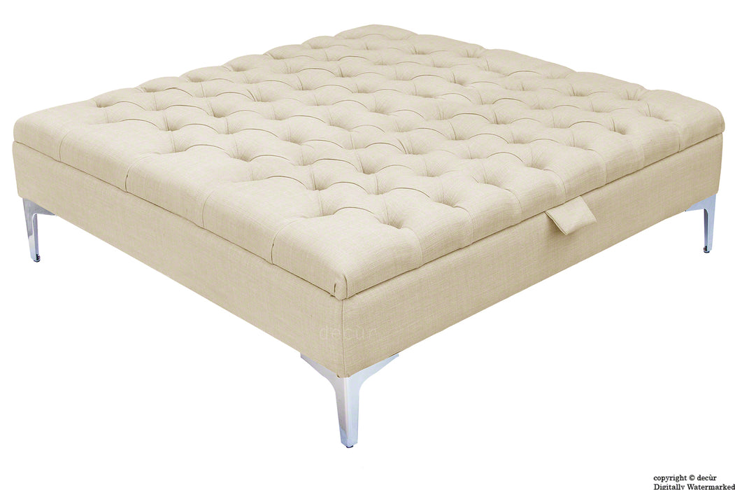 Tiffany Modern Buttoned Linen Footstool Large - Cream with Optional Storage