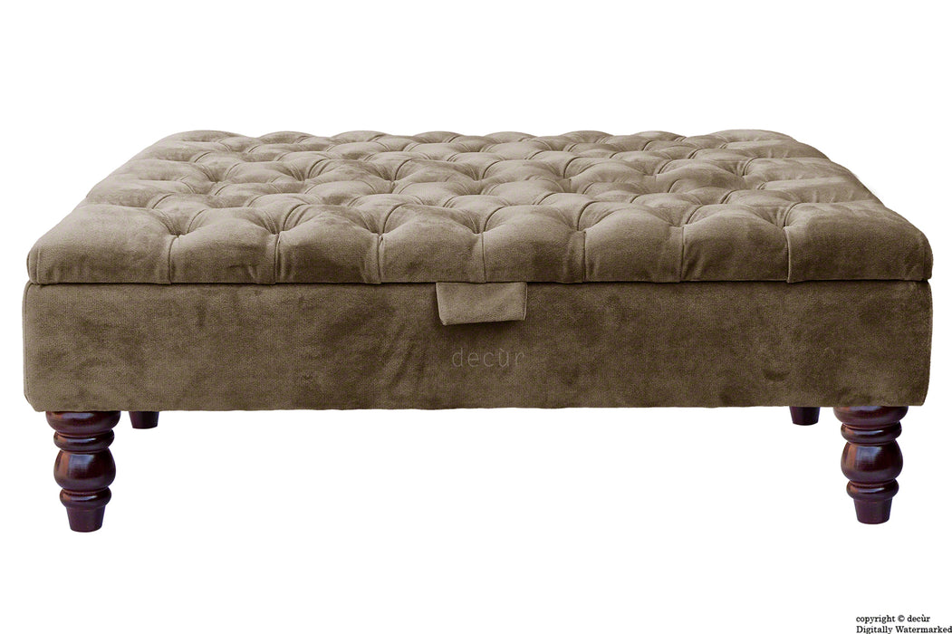 Tiffany Buttoned Velvet Footstool Large - Taupe with Optional Storage