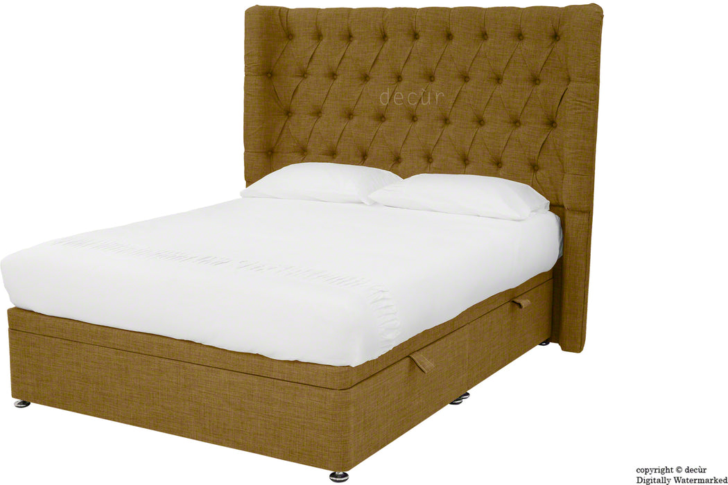 Hollyrood Linen Upholstered Winged Ottoman Bed - Coffee