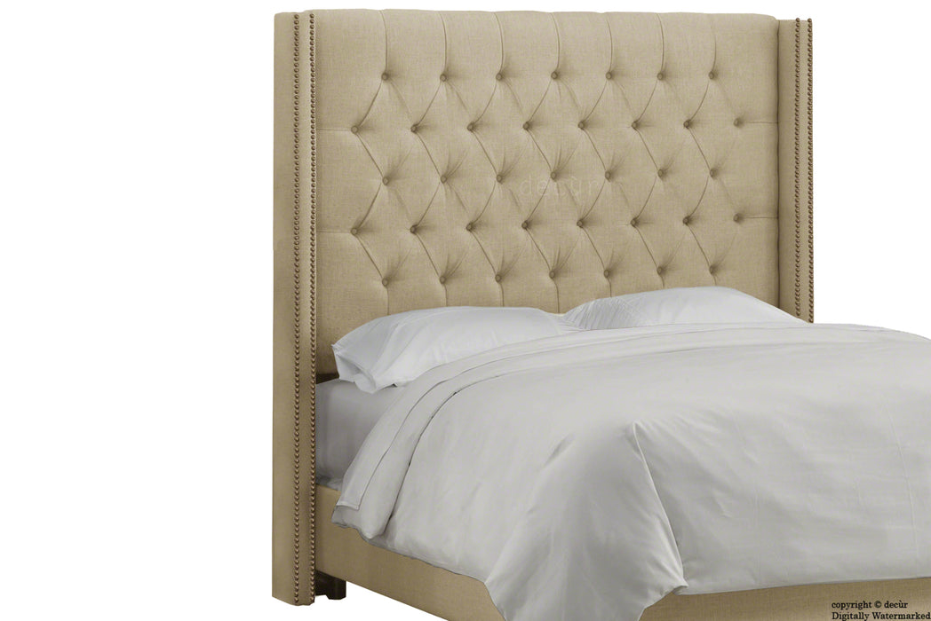 Balmoral Buttoned Linen Winged Headboard - Sand