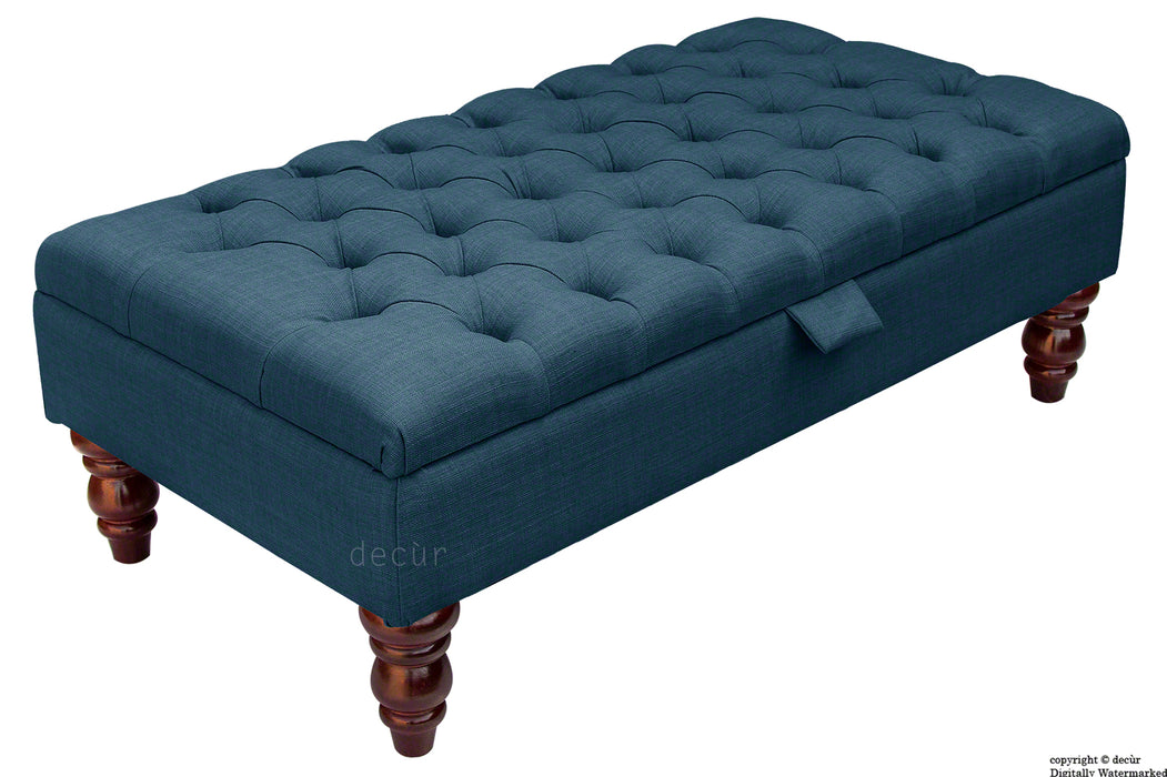 Tiffany Buttoned Linen Footstool - Midnight with Optional Storage