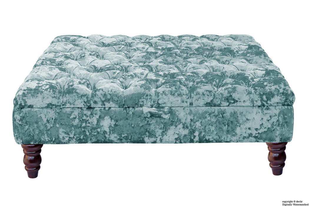 Tiffany Buttoned Crushed Velvet Footstool Large - Azure with Optional Storage