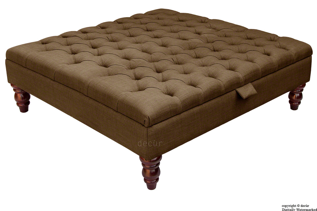 Tiffany Buttoned Linen Footstool Large - Brown with Optional Storage
