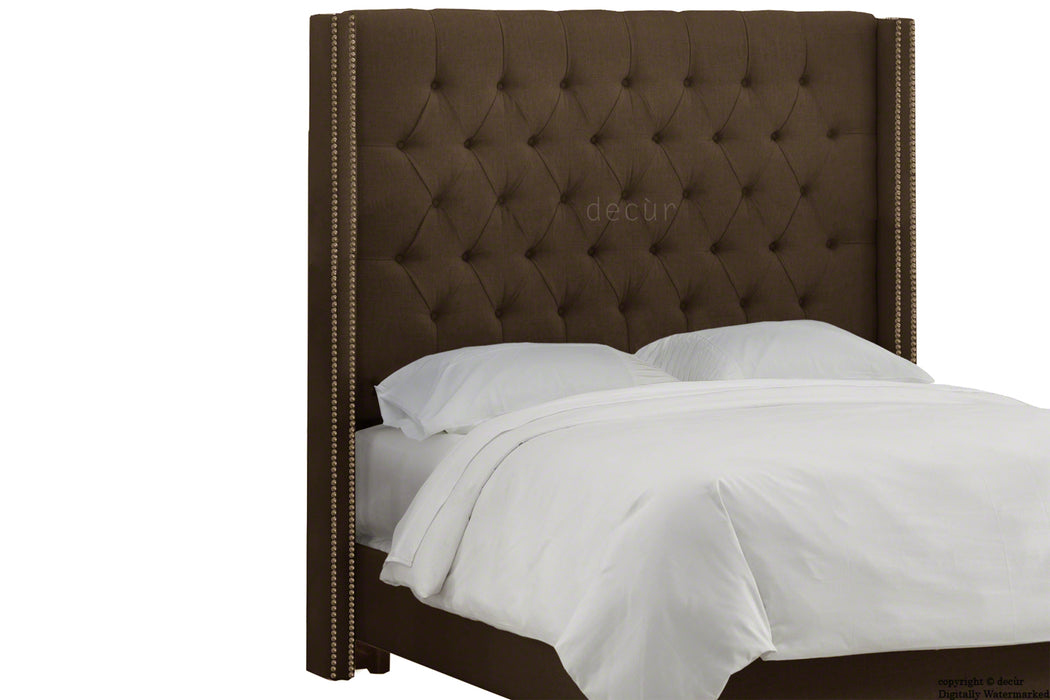 Balmoral Buttoned Linen Winged Headboard - Brown