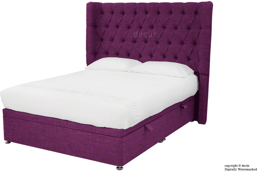 Hollyrood Linen Upholstered Winged Ottoman Bed - Plum