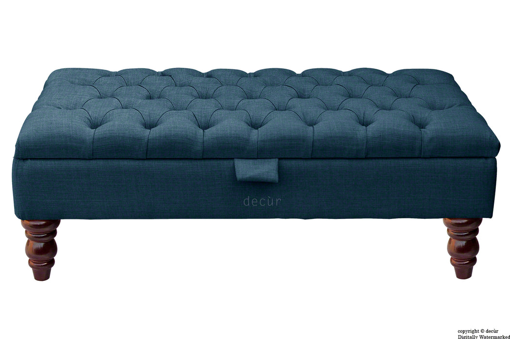 Tiffany Buttoned Linen Footstool - Midnight with Optional Storage