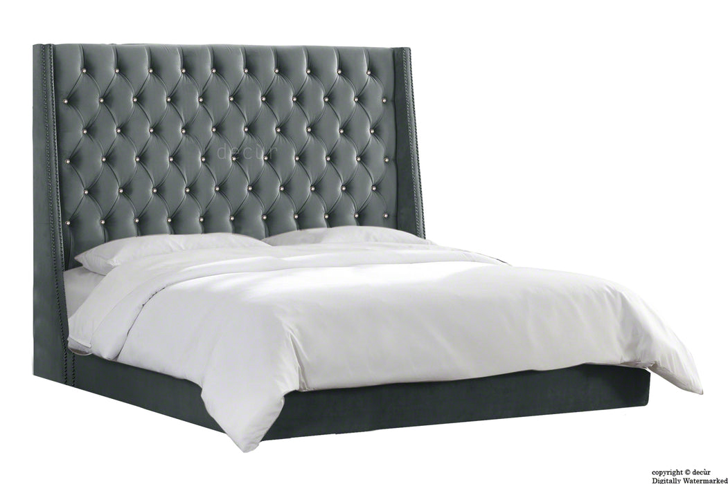 Sandringham Velvet Upholstered Winged Bed - Slate (Swarovski Options)