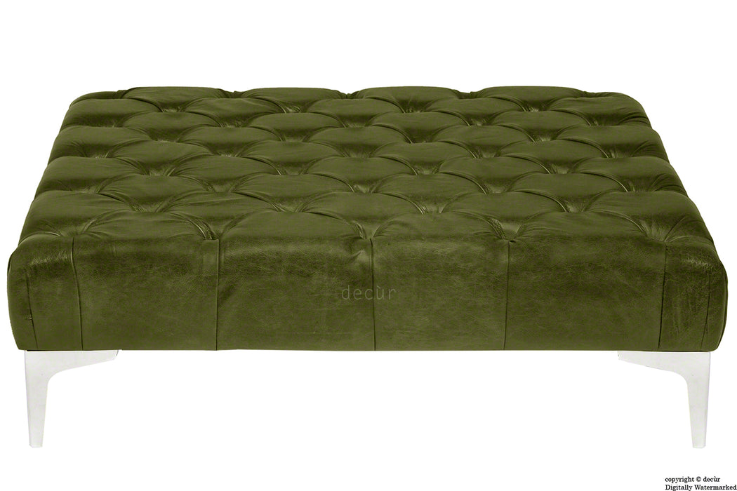 Cecil Modern Buttoned Leather Footstool - Olive Green