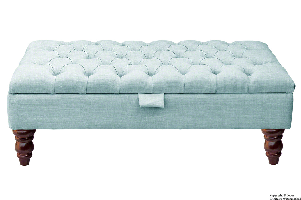 Tiffany Buttoned Linen Footstool - Sky Duck Egg Blue with Optional Storage