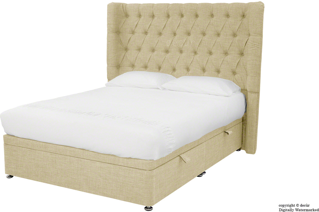 Hollyrood Linen Upholstered Winged Ottoman Bed - Sand
