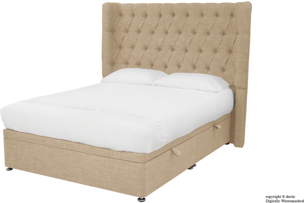 Hollyrood Linen Upholstered Winged Ottoman Bed - Fudge