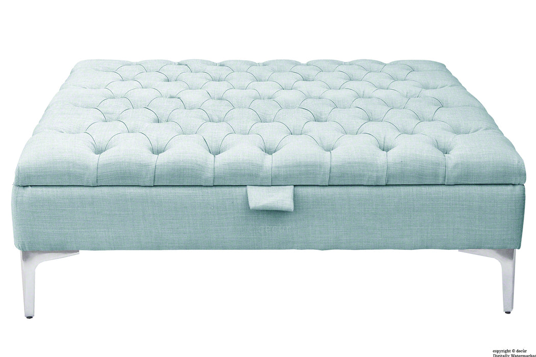 Tiffany Modern Buttoned Linen Footstool Large - Sky Duck Egg Blue with Optional Storage