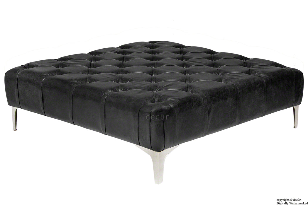 Cecil Modern Buttoned Leather Footstool - Black