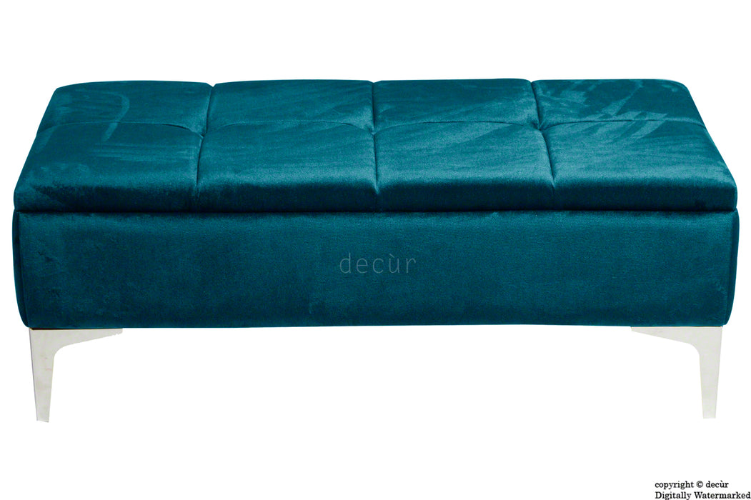 Mila Modern Buttoned Velvet Footstool - Peacock with Optional Storage