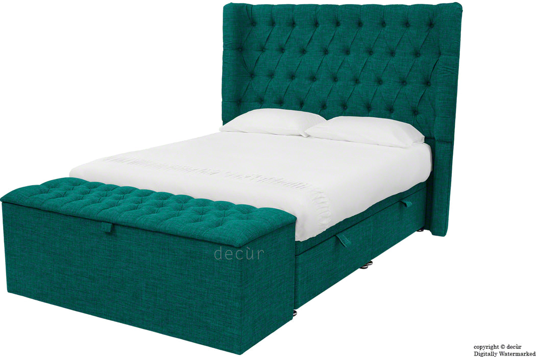 Hollyrood Linen Upholstered Winged Ottoman Bed - Teal
