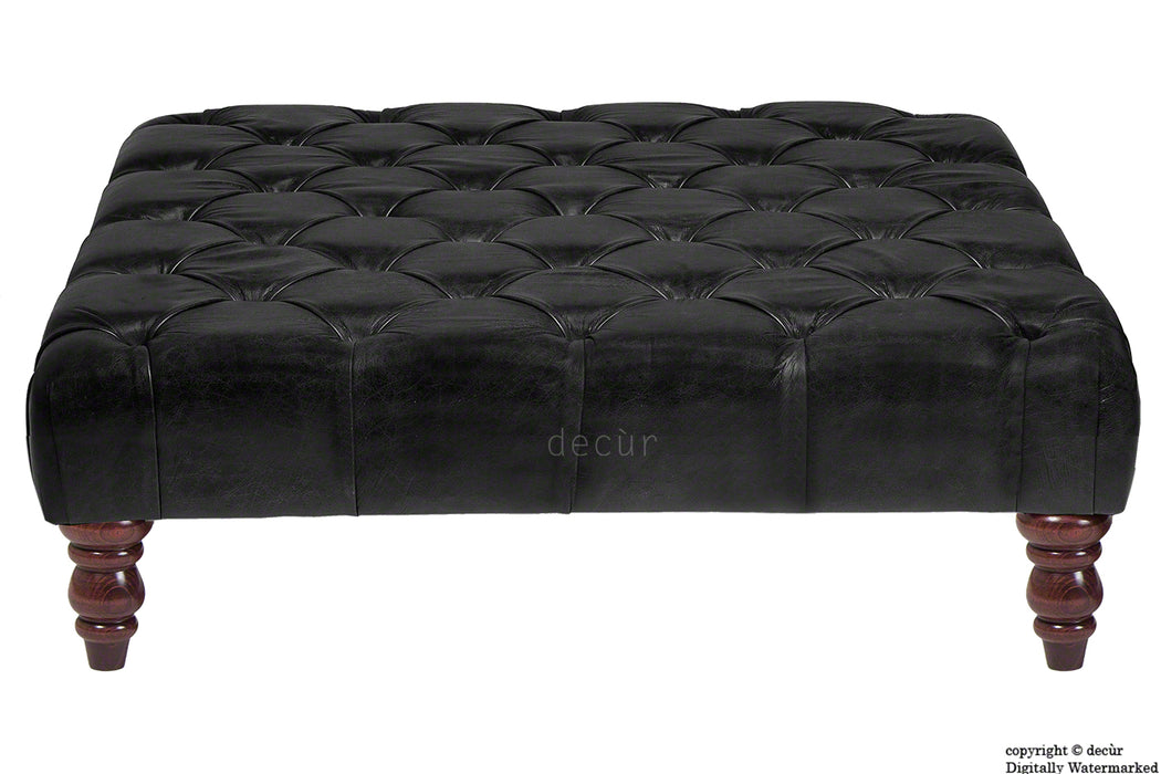Cecil Buttoned Leather Footstool - Black