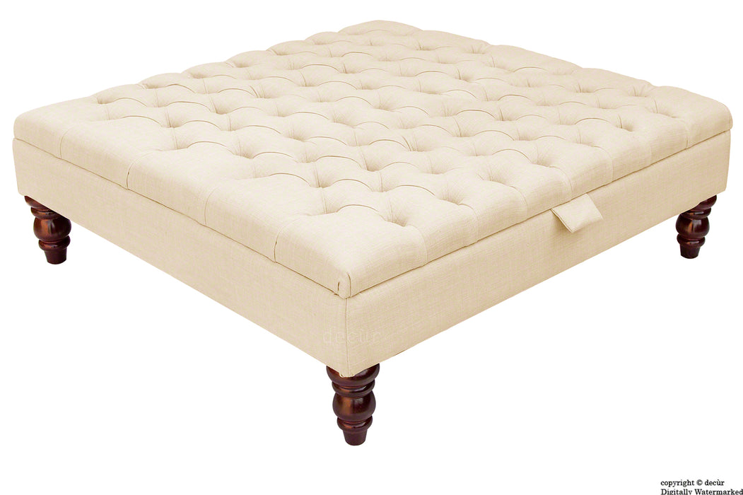 Tiffany Buttoned Linen Footstool Large - Pearl with Optional Storage