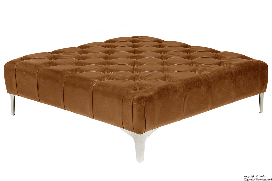 Cecil Modern Buttoned Leather Footstool - Tan