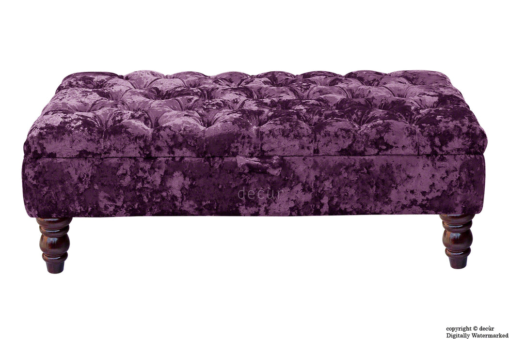 Tiffany Buttoned Crushed Velvet Footstool - Amethyst with Optional Storage
