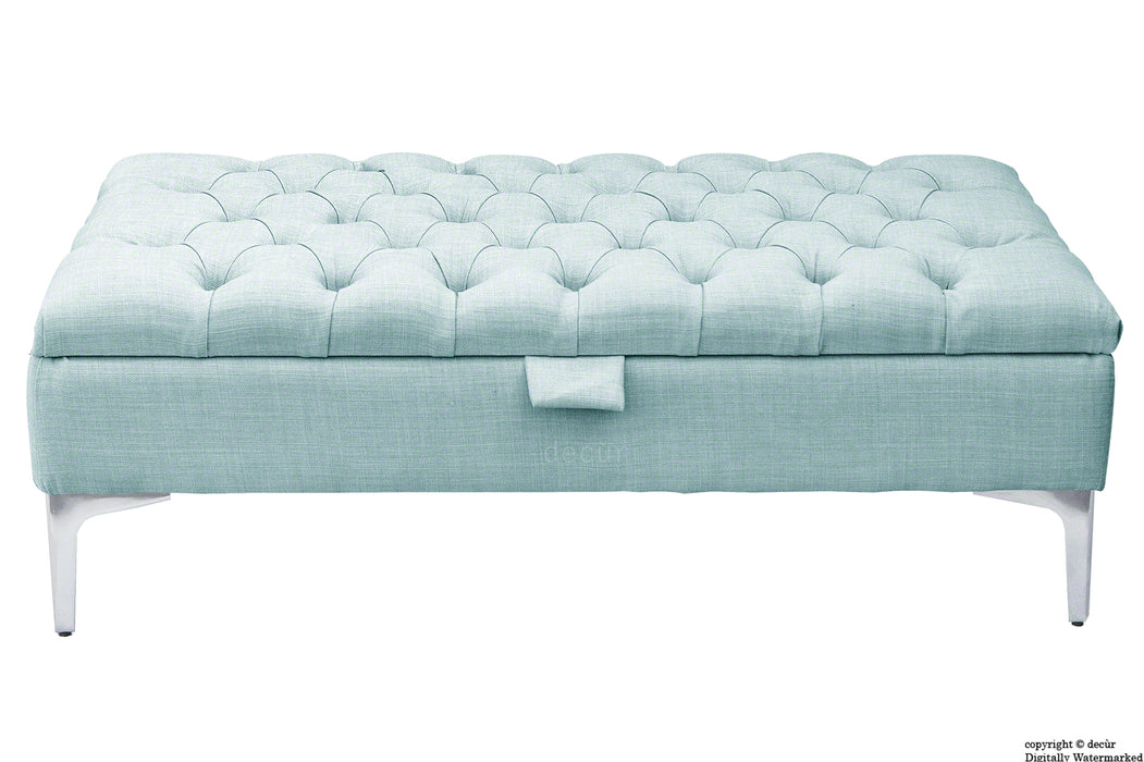 Tiffany Modern Buttoned Linen Footstool - Sky Duck Egg Blue with Optional Storage