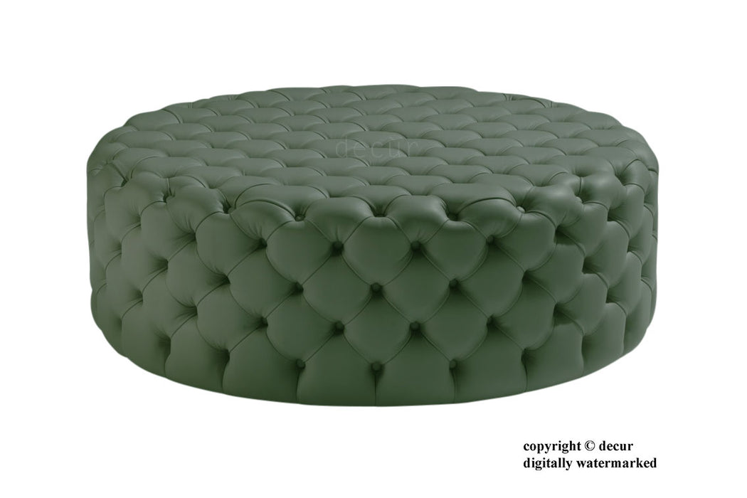 ﻿Round Leather Buttoned Ottoman / Footstool - Coppice - Green