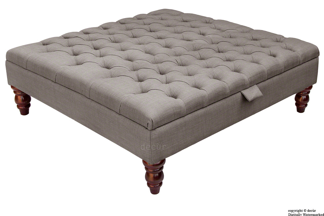 Tiffany Buttoned Linen Footstool Large - Slate with Optional Storage