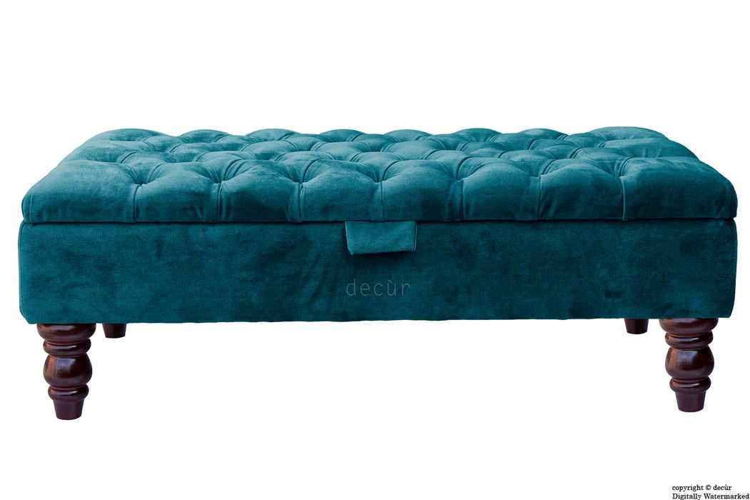 Tiffany Buttoned Velvet Footstool - Peacock with Optional Storage