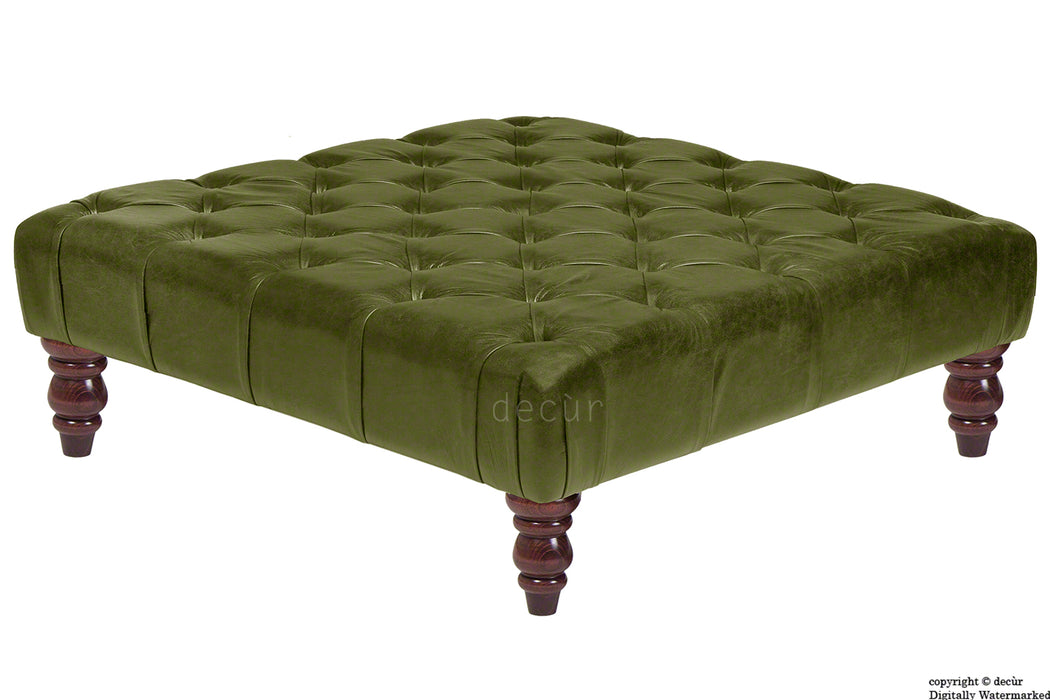 Cecil Buttoned Leather Footstool - Olive Green