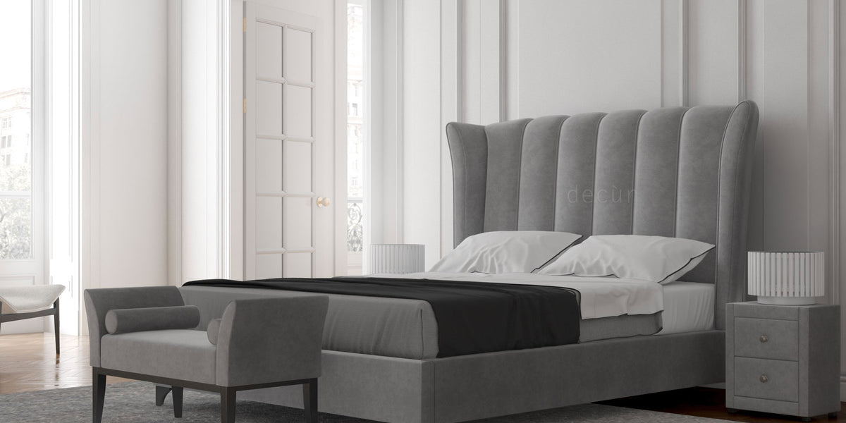 Abbotsford Velvet Upholstered Winged Bed Silver Decur