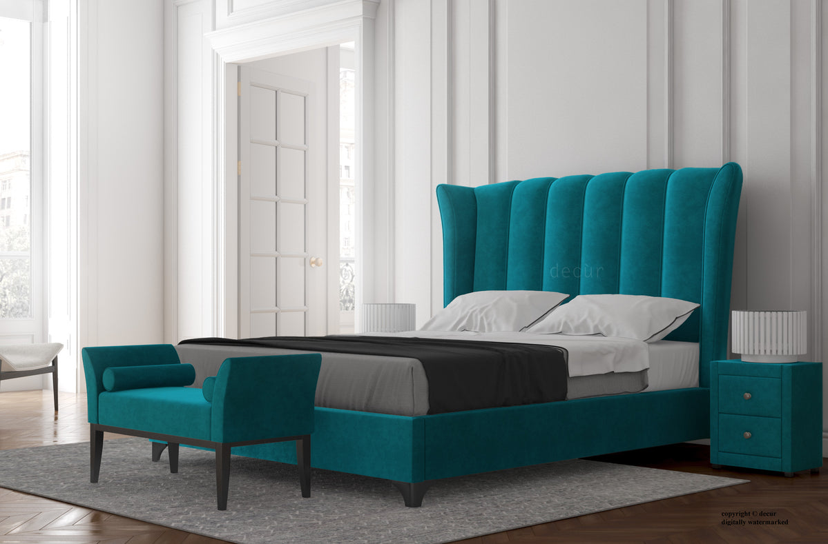 Abbotsford Velvet Upholstered Winged Bed Teal Decur