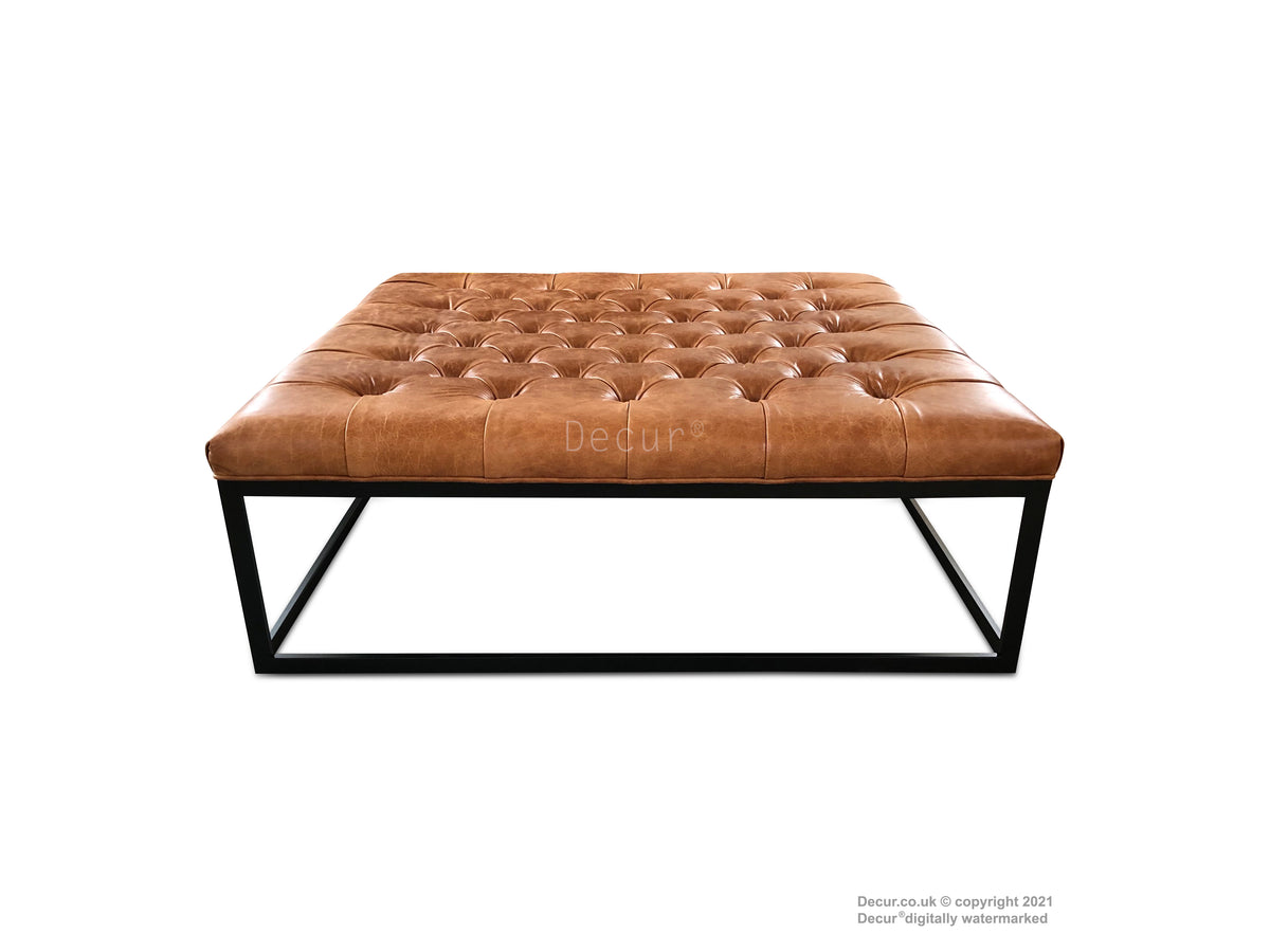 Anna Metal Frame Leather Ottoman With Black Frame - Tan — Decur.co.uk - Minimalist Dining Metal Storage Ottoman Frame