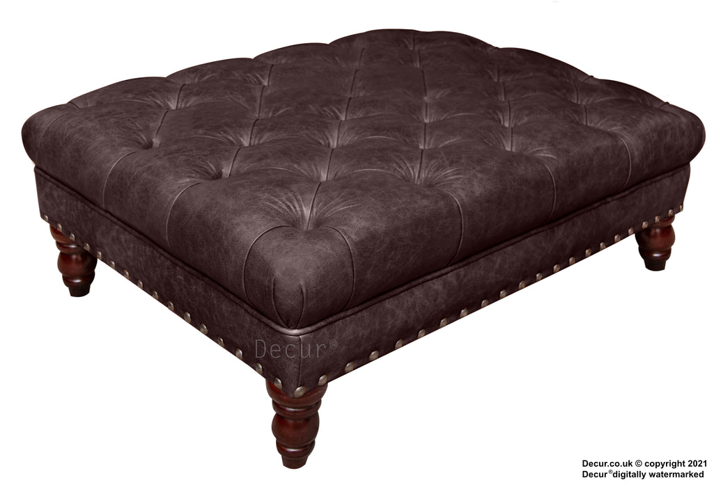 Carrington Buttoned Leather Footstool - Dark Brown Bitter