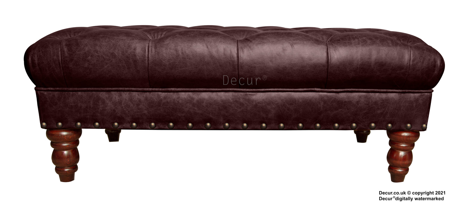 Carrington Buttoned Leather Footstool - Dark Brown Bitter