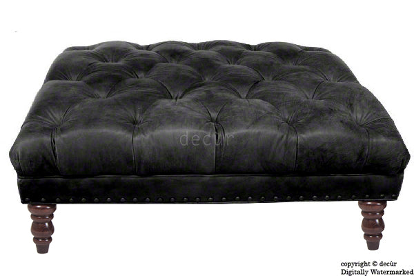 Carrington Buttoned Leather Footstool - Black