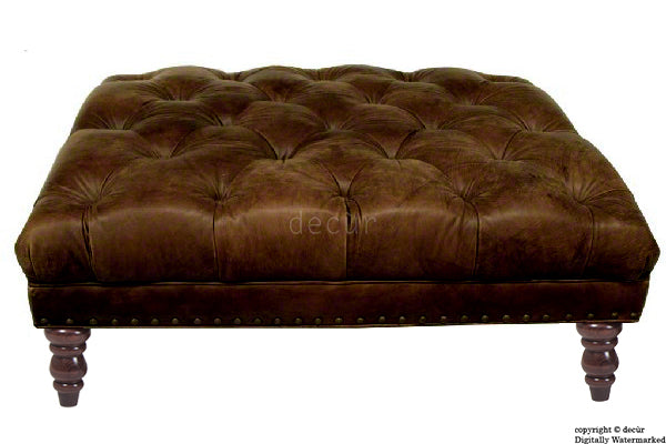 Carrington Buttoned Leather Footstool - Chocolate