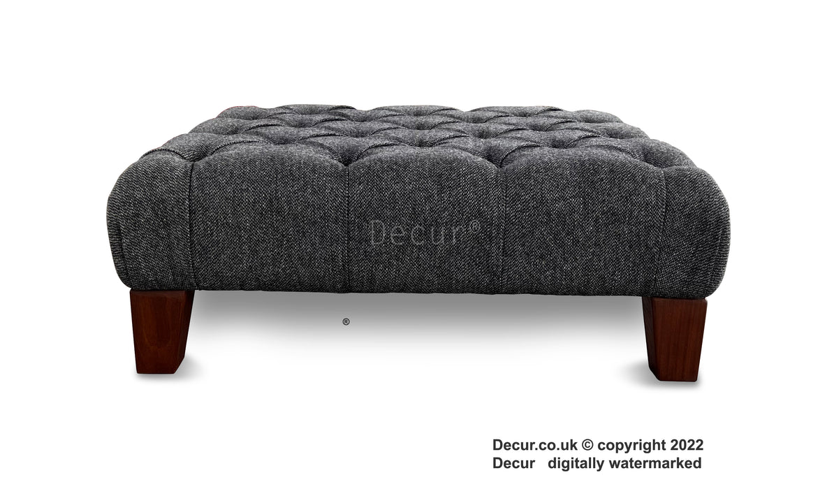 Harris Tweed Buttoned Footstool - Black House Stone Charcoal Grey